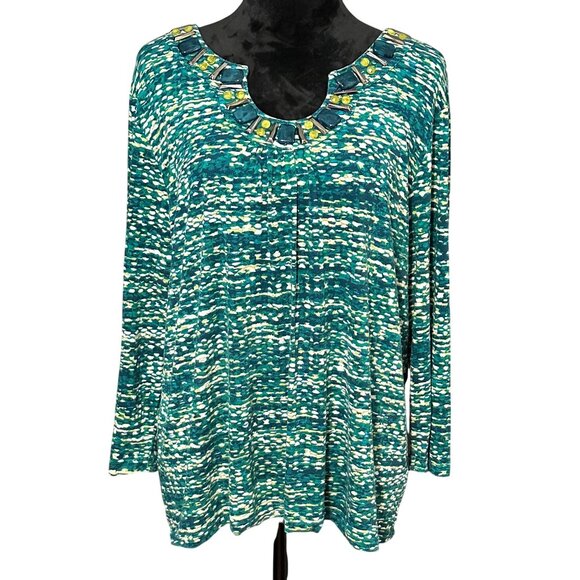Ruby Rd. Tops - Ruby Rd Blouse XL Green Yellow Beaded Neckline 3/4 Sleeve Stretch Top Boho Print